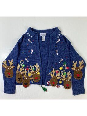 Heirloom Collectibles Girls Blue Reindeer Ugly Christmas Cardigan Size 8/10